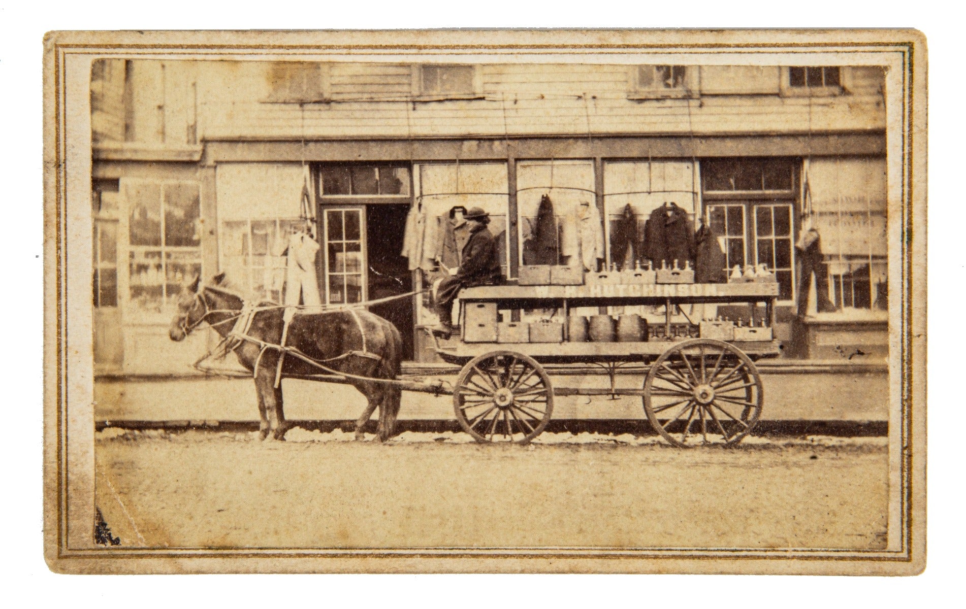 rare 1860s original cdv photograph of william h. hutchinson bottling works horse-drawn wagon