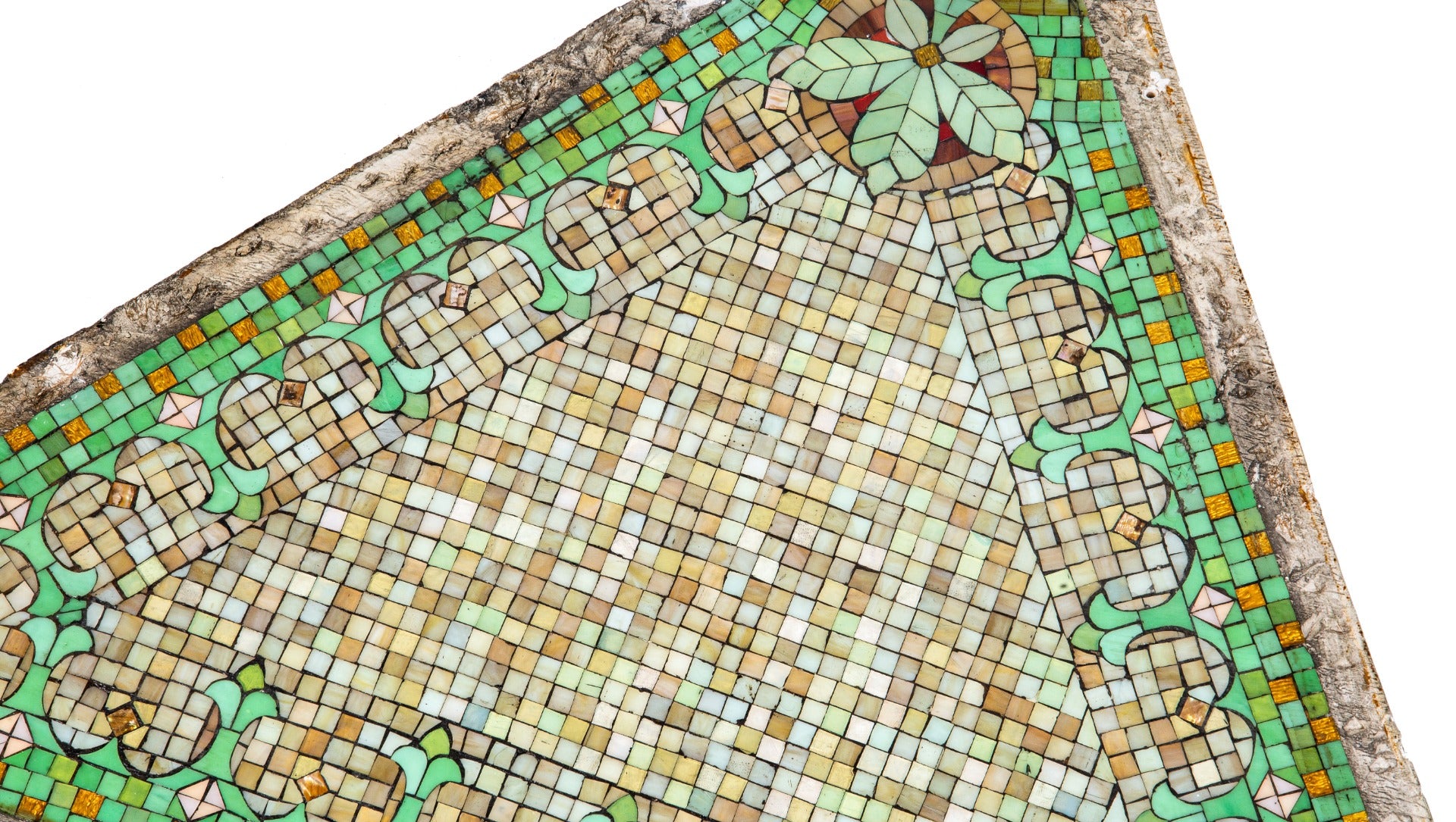 original american late 19th century downtown chicago historic fisher building interior lobby triangular-shaped mosaic tile cast plaster ceiling panel