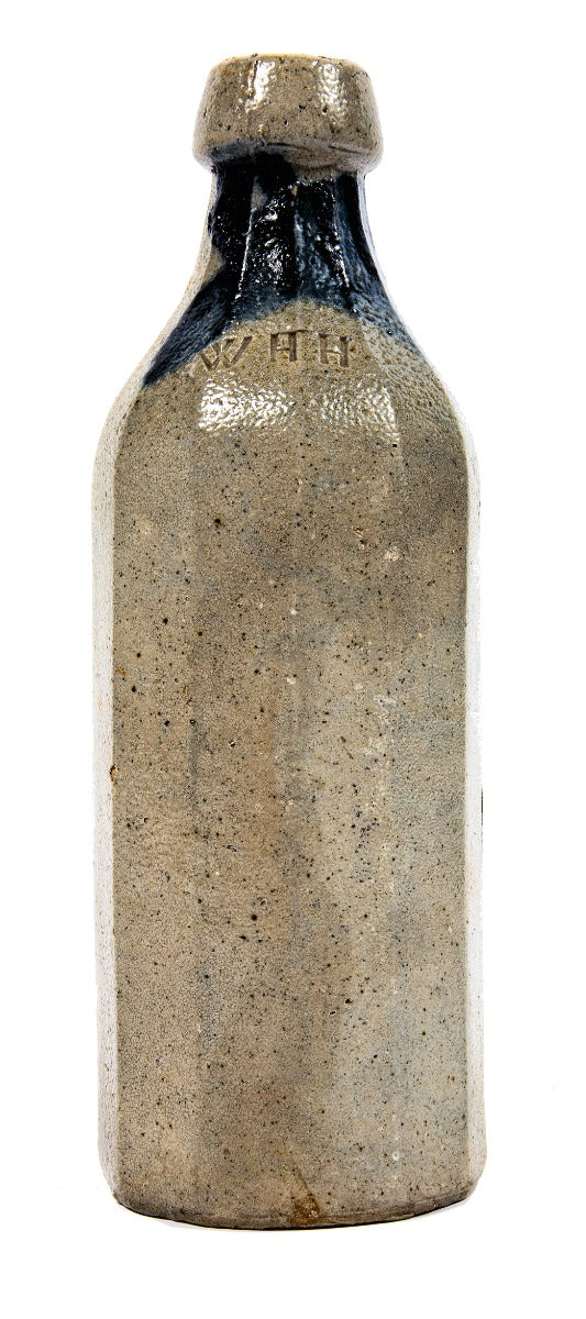 hard to find 1860's-1870's glazed beer or cider stoneware bottle with cobalt blue "x" fabricated for chicago bottler william henry hutchinson