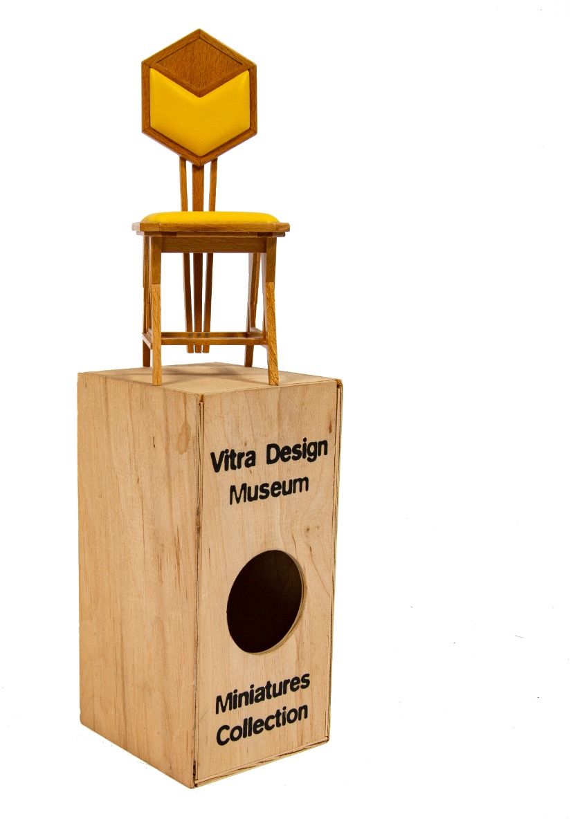 rare vitra miniature recreation of frank lloyd wright's yellow oil cloth "peacock" chair for imperial hotel
