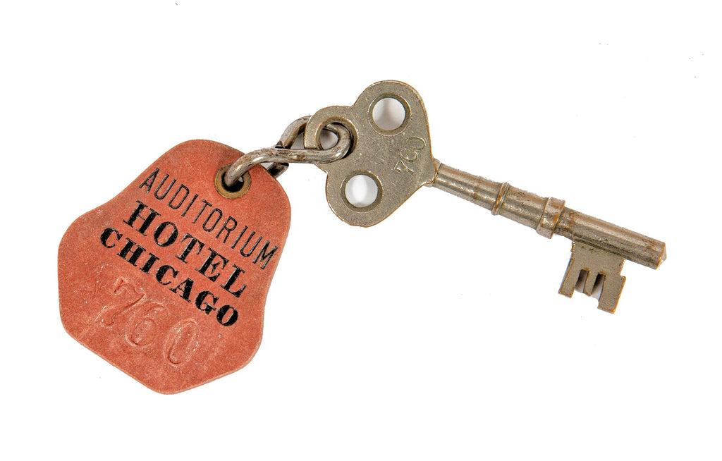 late 19th or early 20th century adler and sullivan auditorium hotel guest room door skeleton key and fob