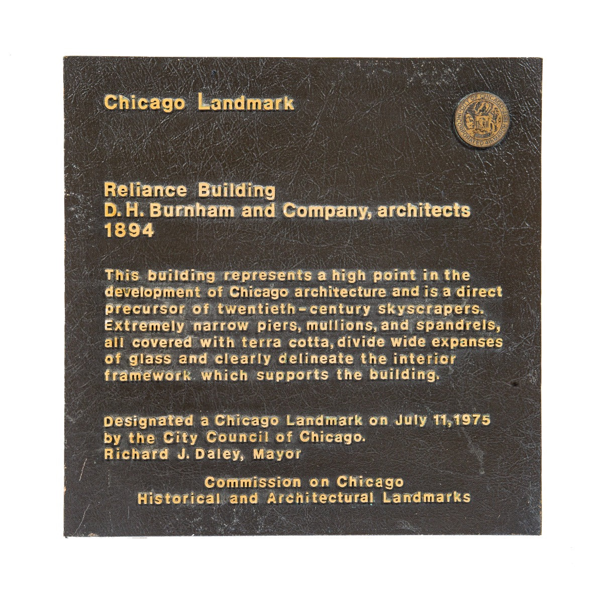 original heavy cast bronze exterior reliance building "chicago landmark" two-tone city plaque or marker