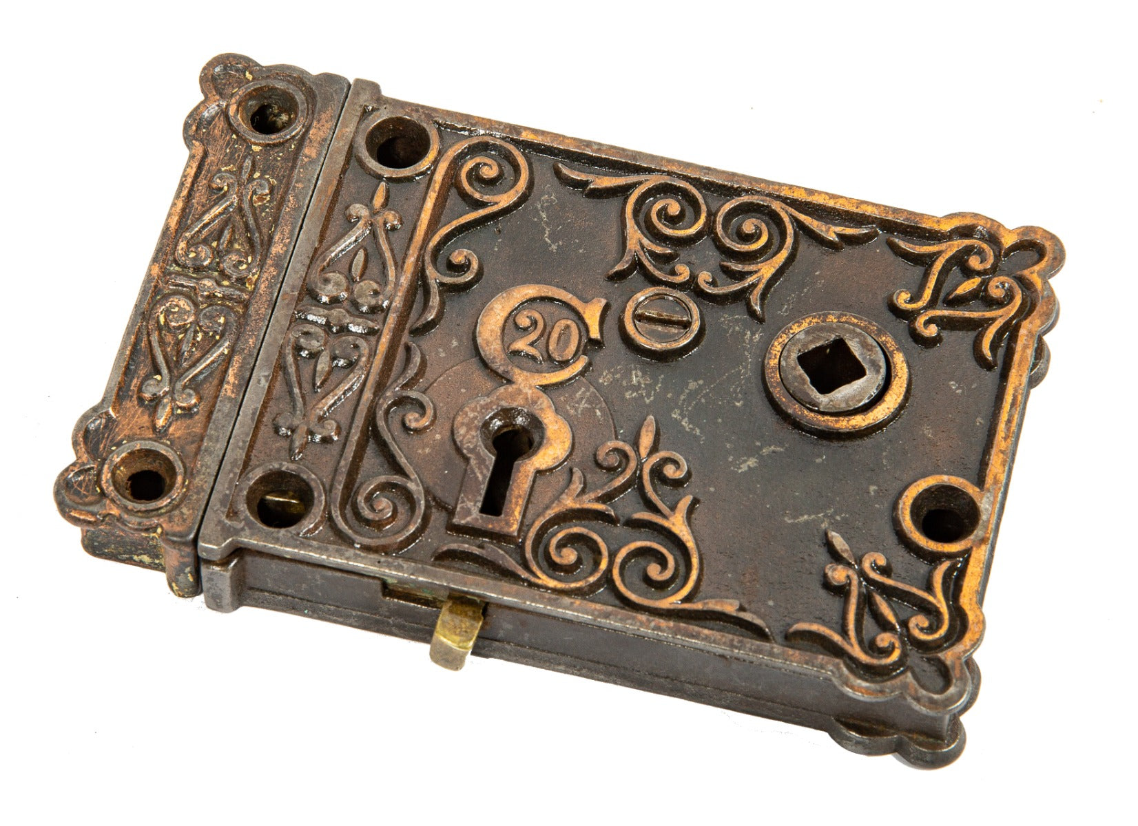 hard to find original 1880s salvaged chicago copper-plated cast iron residential surface door rimlock with matching keeper
