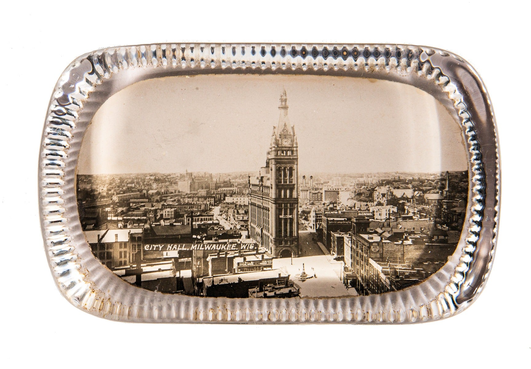 late 19th or early 20th century victorian-era bosselman glass paperweight featuring milwaukee's city hall building
