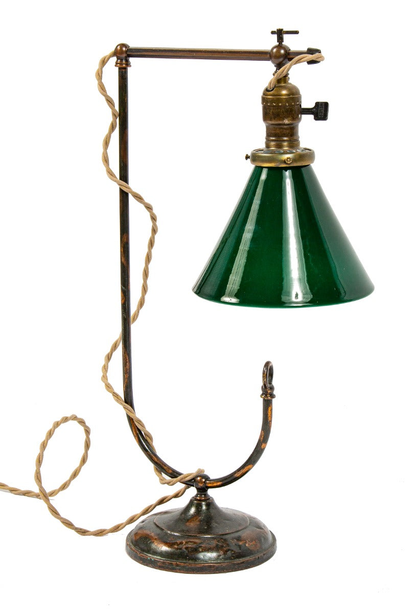 antique american industrial single electric table lamp with oxidized copper finish and emeralite conical glass shade