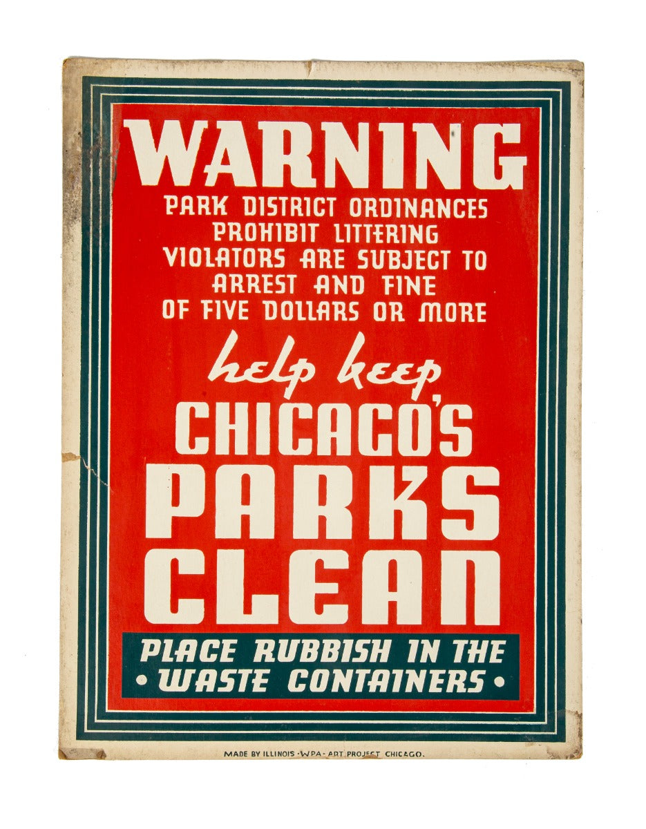 rare 1930s depression-era chicago wpa hand-crafted no littering park sign with rich colors and bold lettering