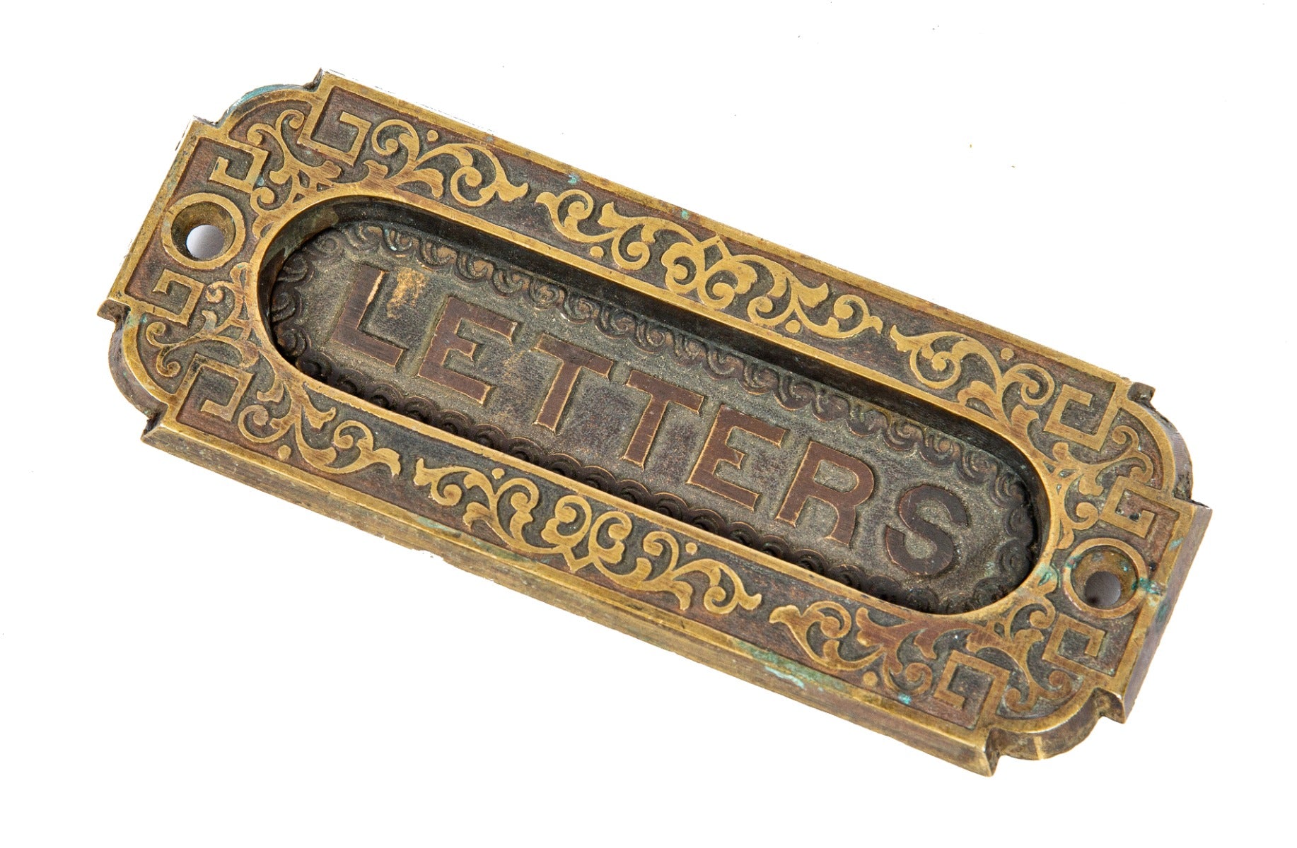 original 1870s high victorian-era american salvaged cast bronze entrance door "letters" mailslot with nicely aged patina