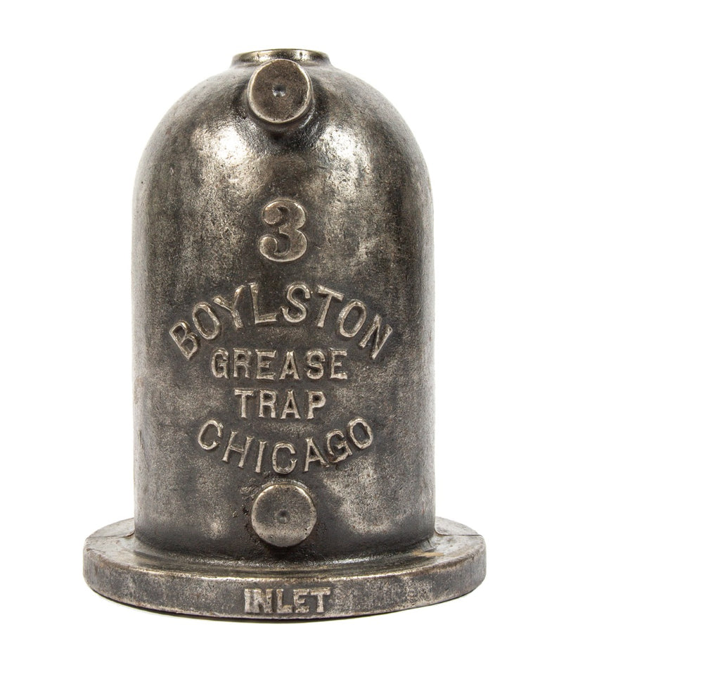 refinished early 20th century american cast iron boylston steam pipe grease trap fitting with embossed lettering