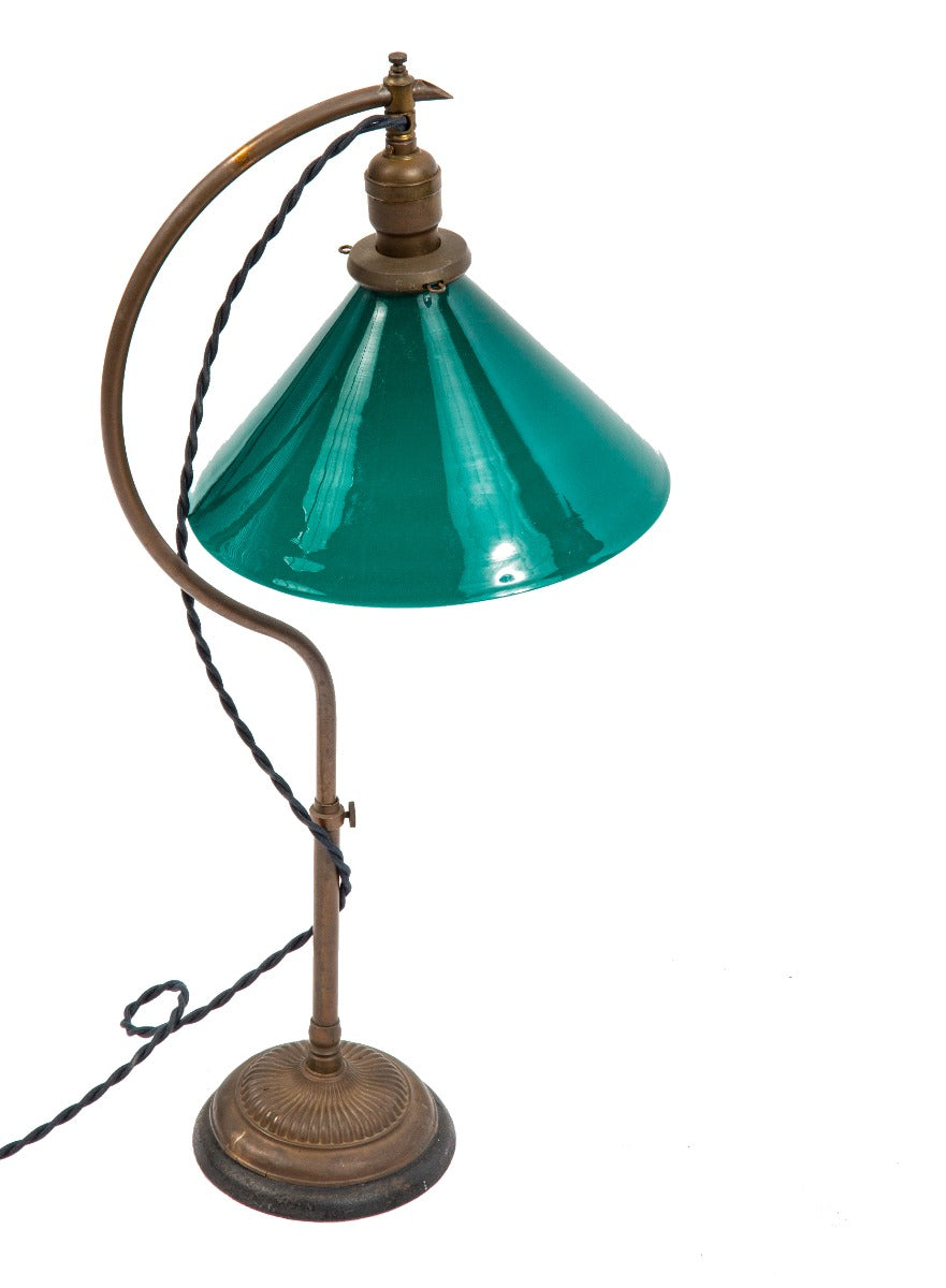 all original early 20th century fully adjustable tubluar brass "c-arm" faries desk lamp with nicely aged patina