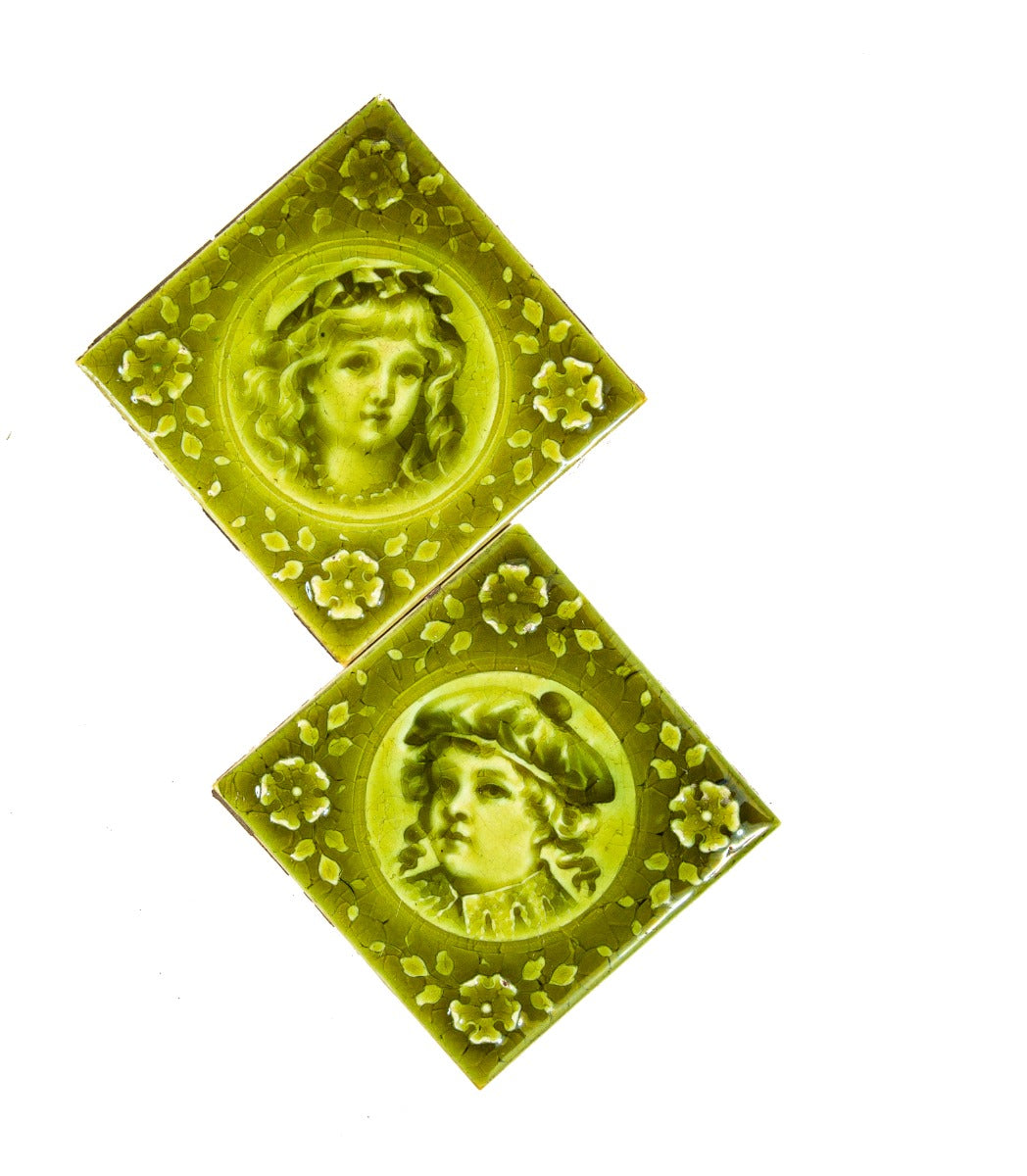 hard to find matching set of diminutive 4 inch antique american figural fireplace tiles salvaged from a chicago residence