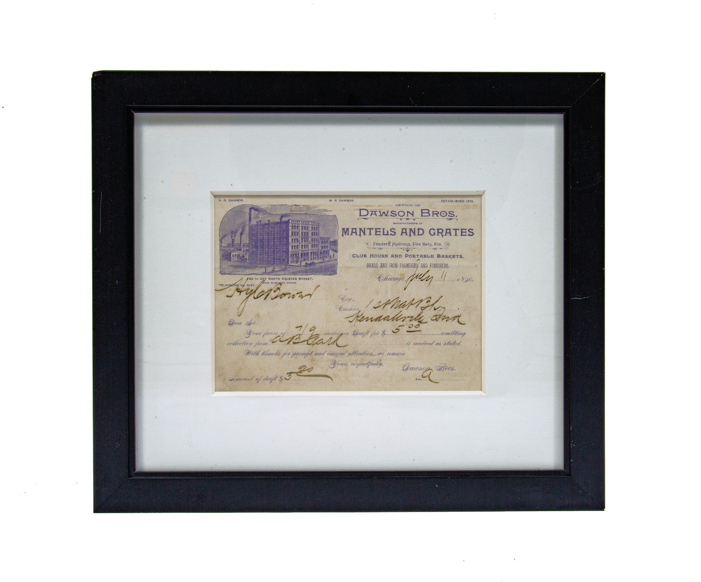 rare 19th century framed and matted dawson brothers fireplace mantel and accessory letterhead