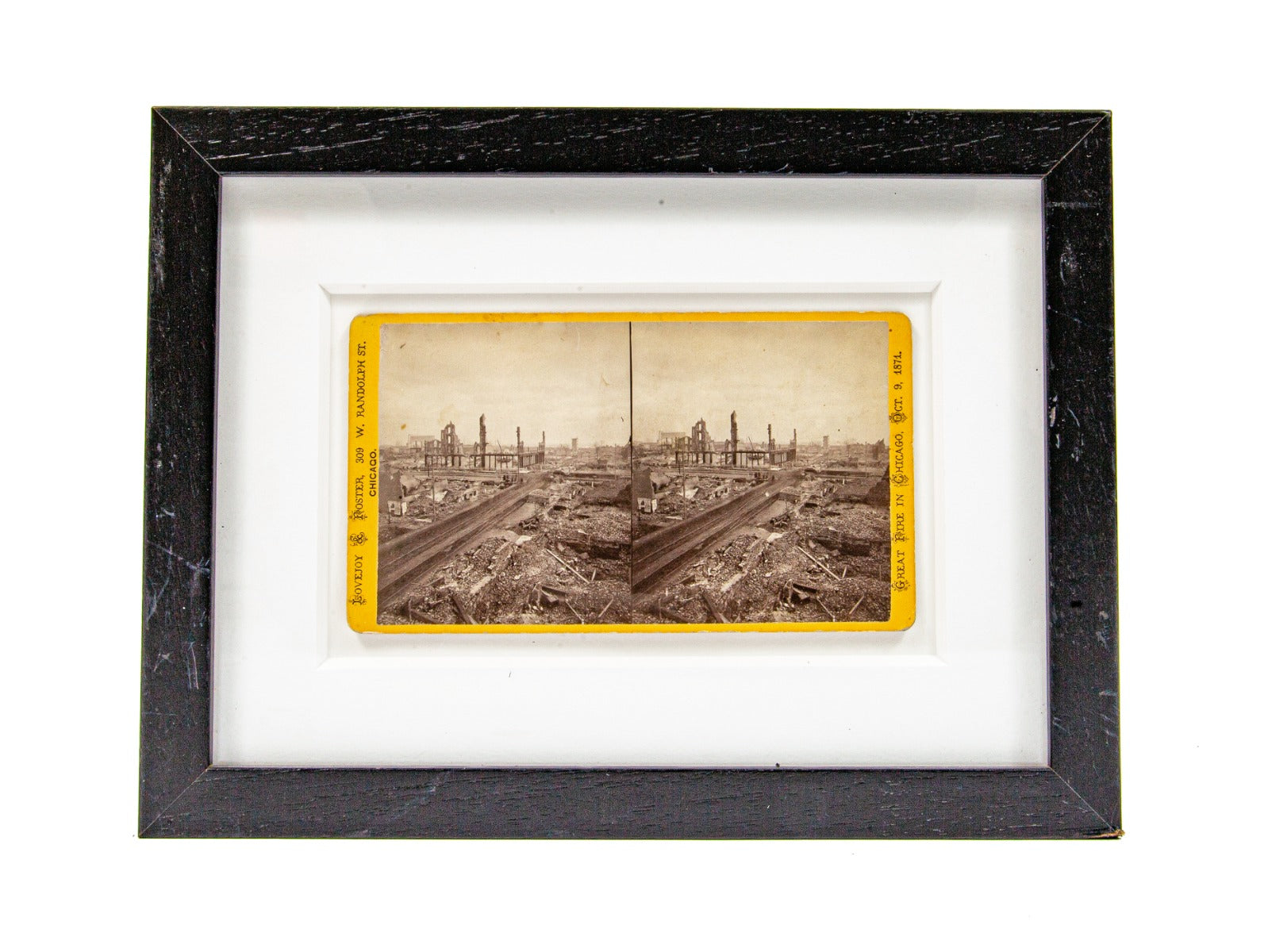 original lovejoy and foster oversized stereoview card of the great chicago fire of 1871 framed and matted