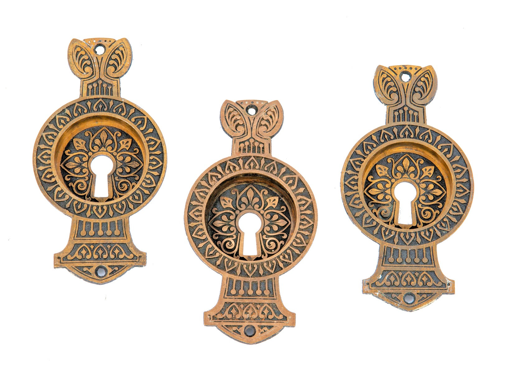 lot of three matching original ornamental cast bronze russell & erwin salvaged chicago pocket door backplates