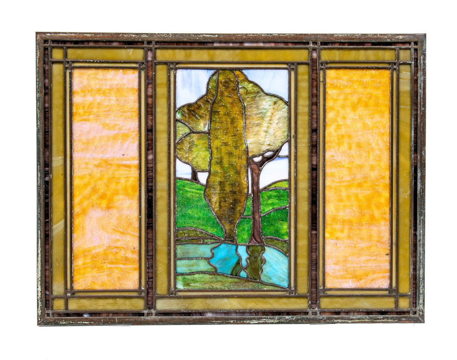 impressive early 20th century salvaged chicago stained glass pastoral window with nicely aged brass caming