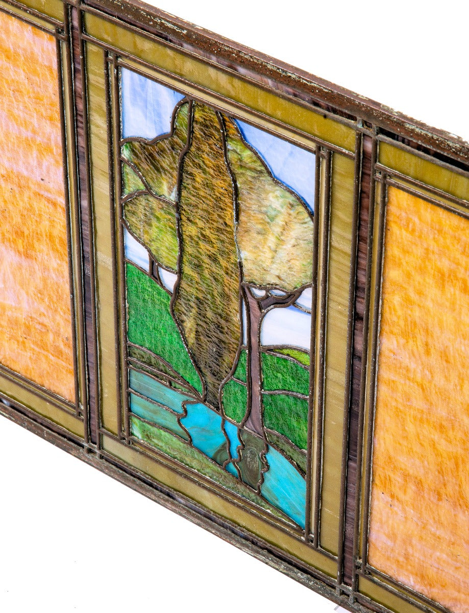 impressive early 20th century salvaged chicago stained glass pastoral window with nicely aged brass caming