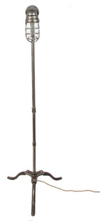 repurposed vintage american industrial freestanding "explosion proof" trouble light floor lamp with three-legged base