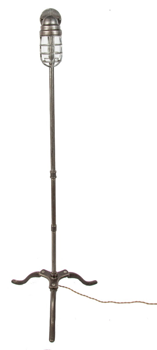 repurposed vintage american industrial freestanding "explosion proof" trouble light floor lamp with three-legged base