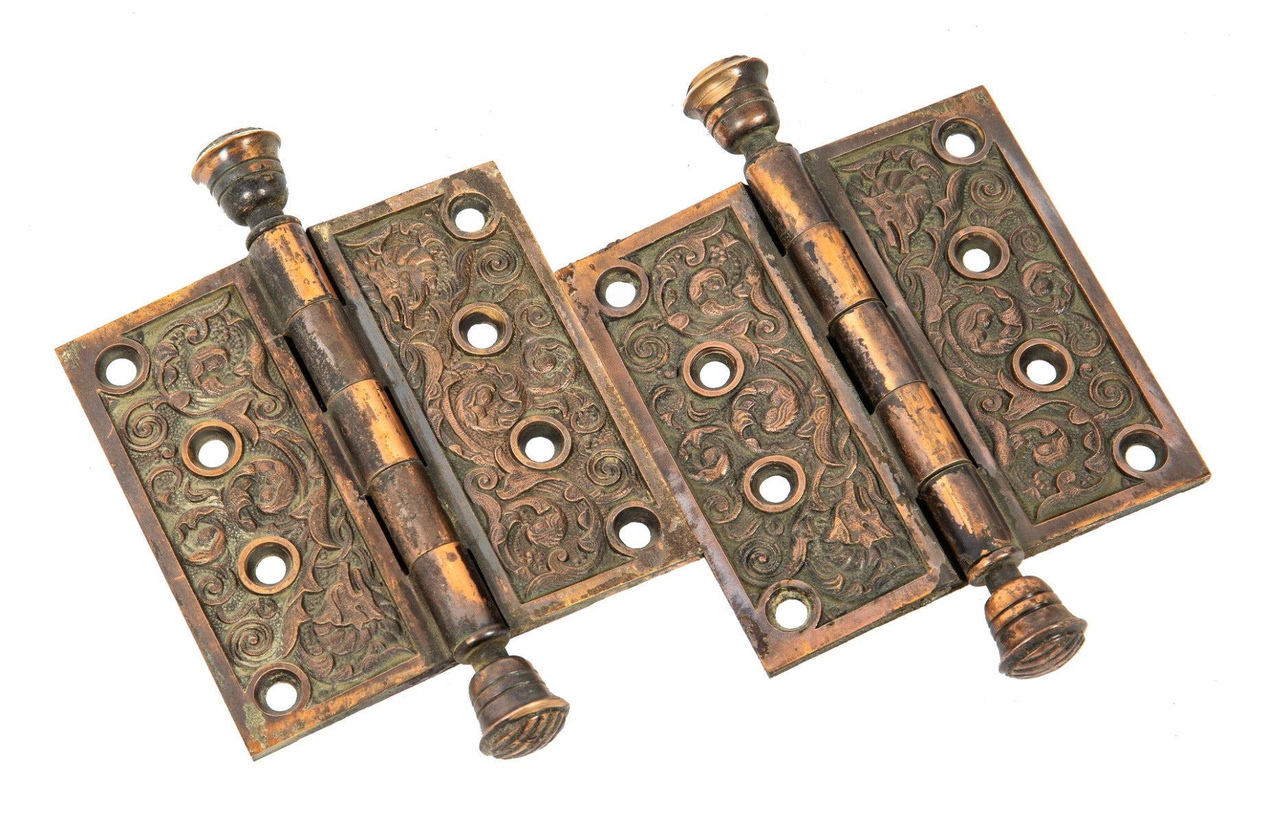 two matching original 19th century cast bronze 4 x 4 inch reading "columbian" pattern salvaged door hinges