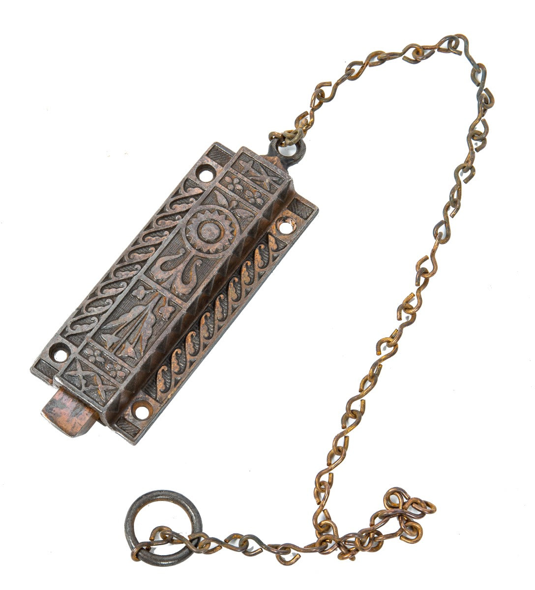 single 1880s original fully functional ornamental copper-plated cast iron residential entrance door bolt