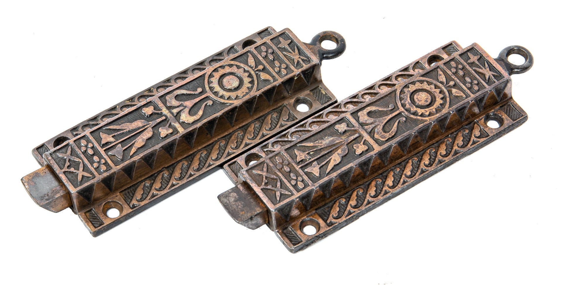 two matching fully functional american victorian copper-plated ornamental cast iron flush mount chain door bolts