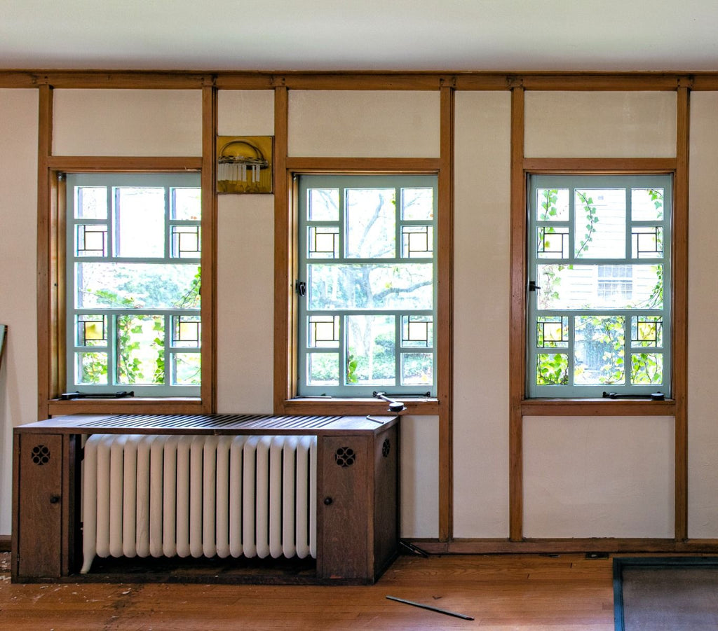 walter burley griffin-designed wood and leaded glass window salvaged from the william temple house