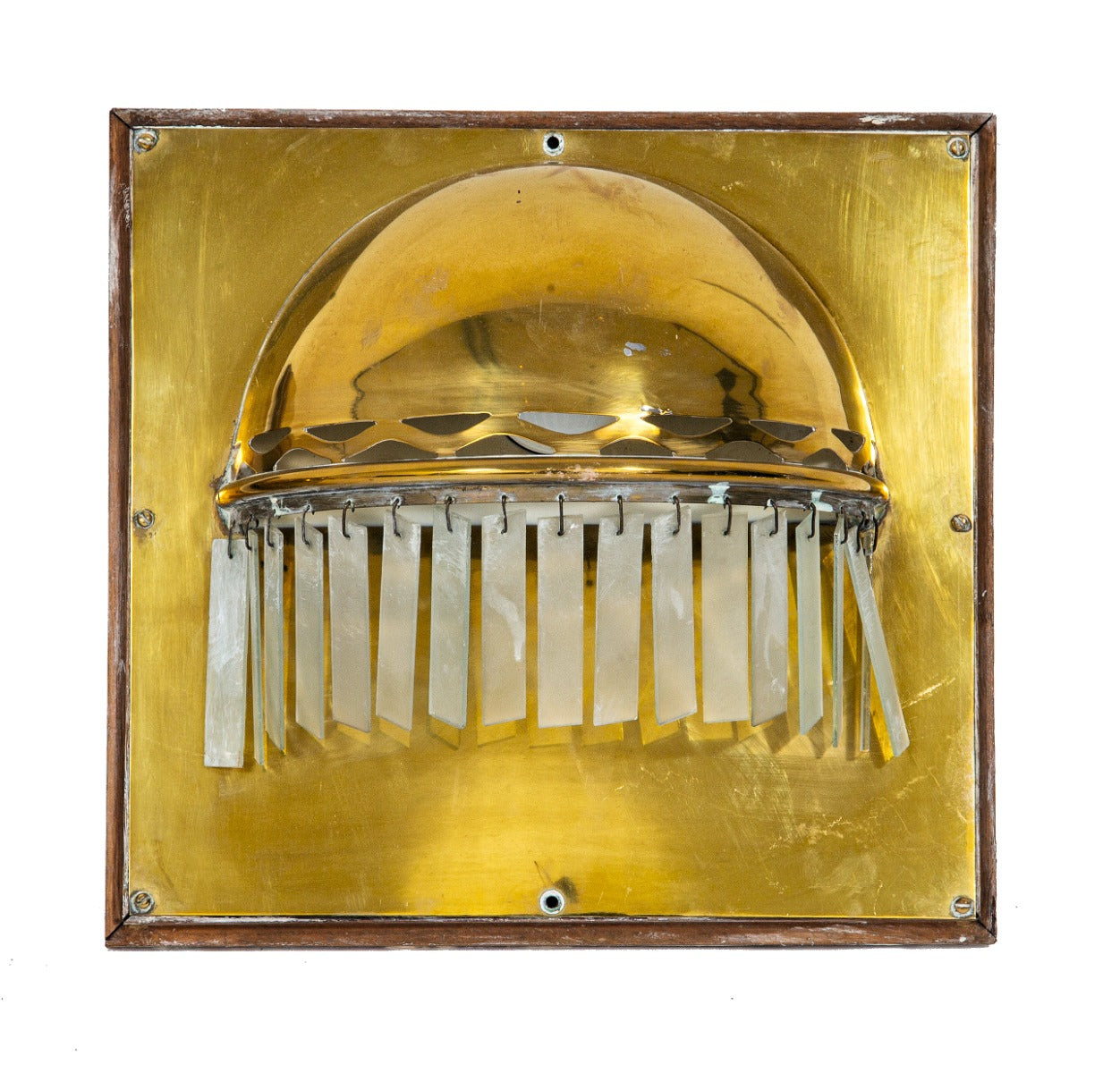 single all original and intact barry byrne-designed william f. tempel house stamped brass and glass wall sconce
