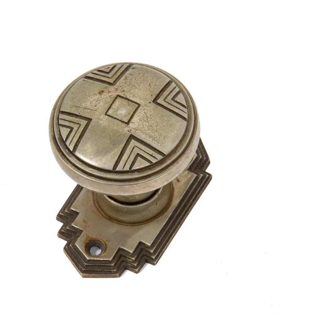 one of two matching stunning 1920s american art deco style nickel-plated cast bronze doorknobs with rosettes