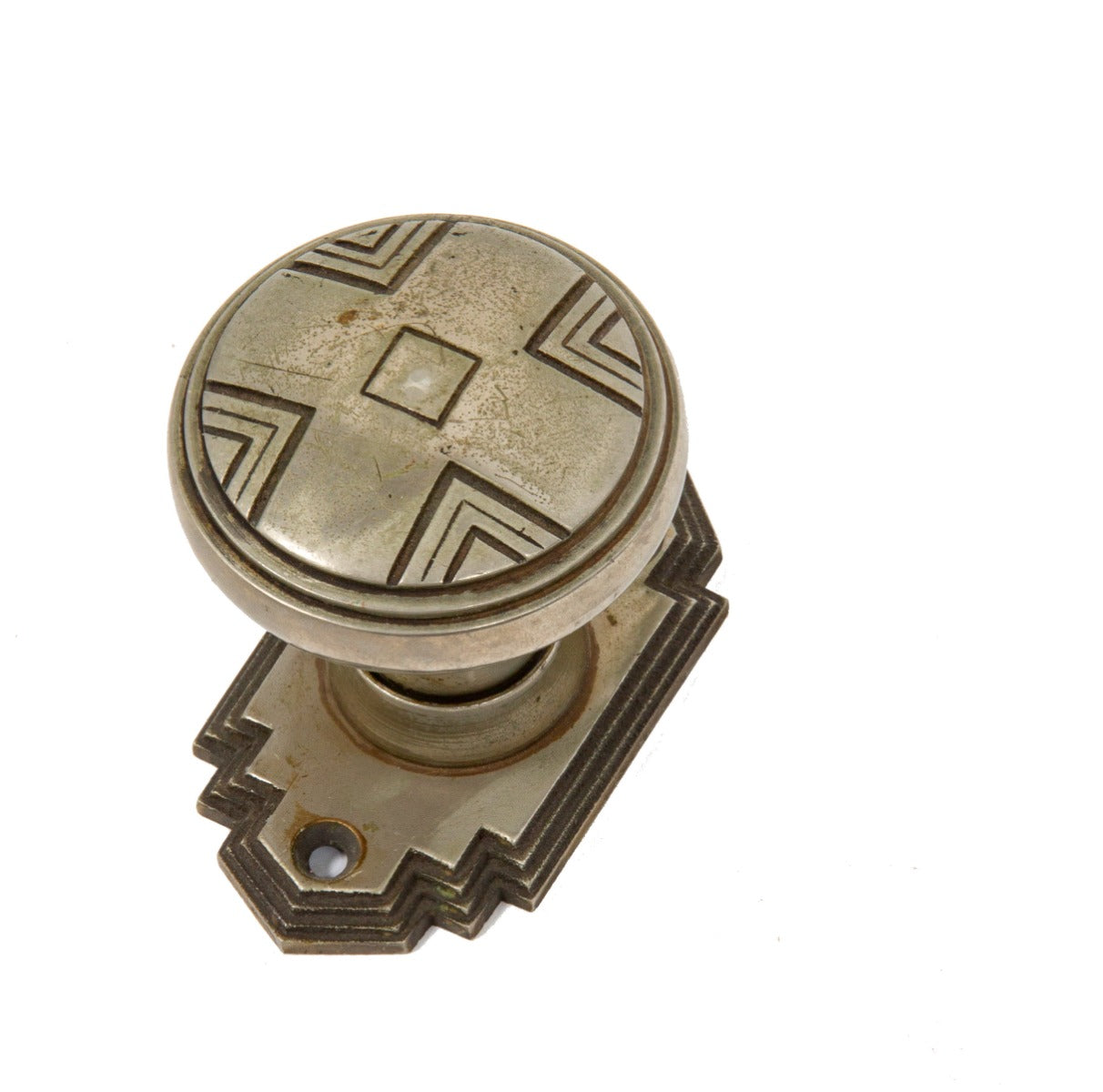 one of two matching stunning 1920s american art deco style nickel-plated cast bronze doorknobs with rosettes