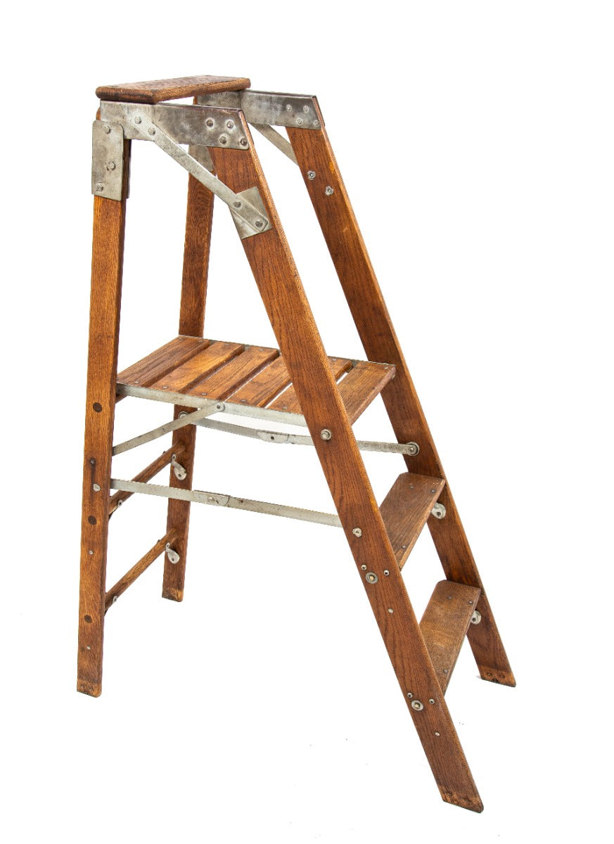early 20th century american industrial fully adjustable oak wood ladder with original varnished finish