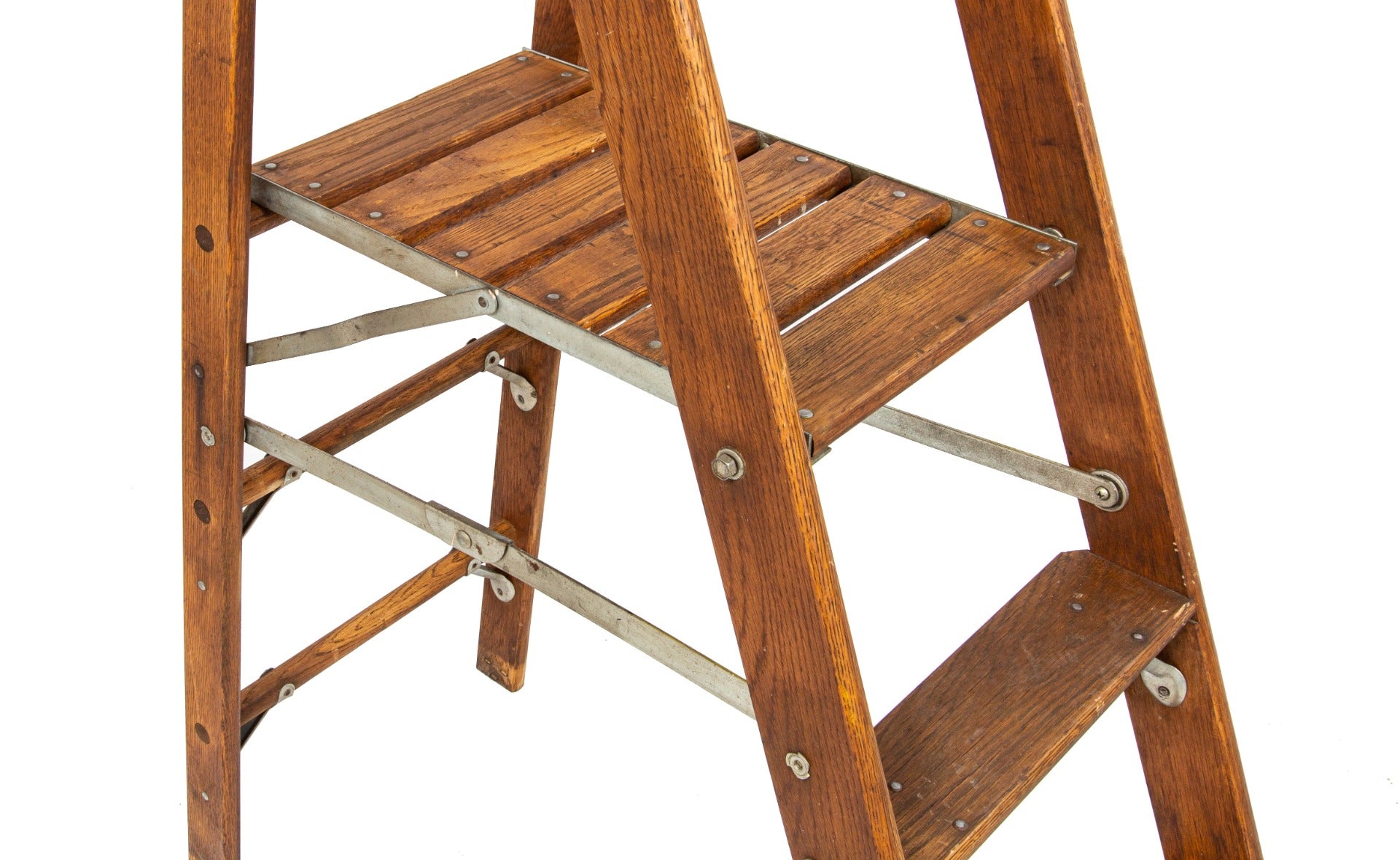 early 20th century american industrial fully adjustable oak wood ladder with original varnished finish