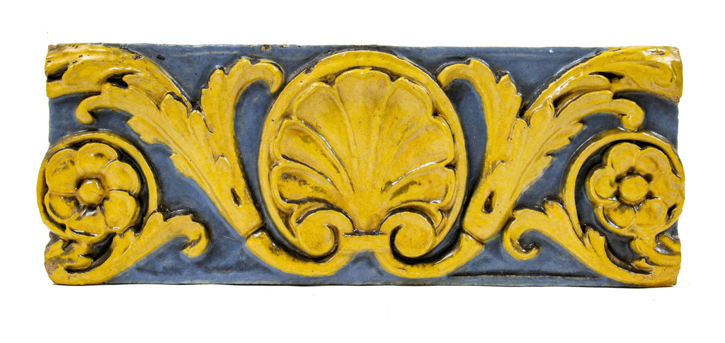 historically important richly colored c. 1927 venetian theater blue and yellow polychromed enameled terra cotta exterior panel