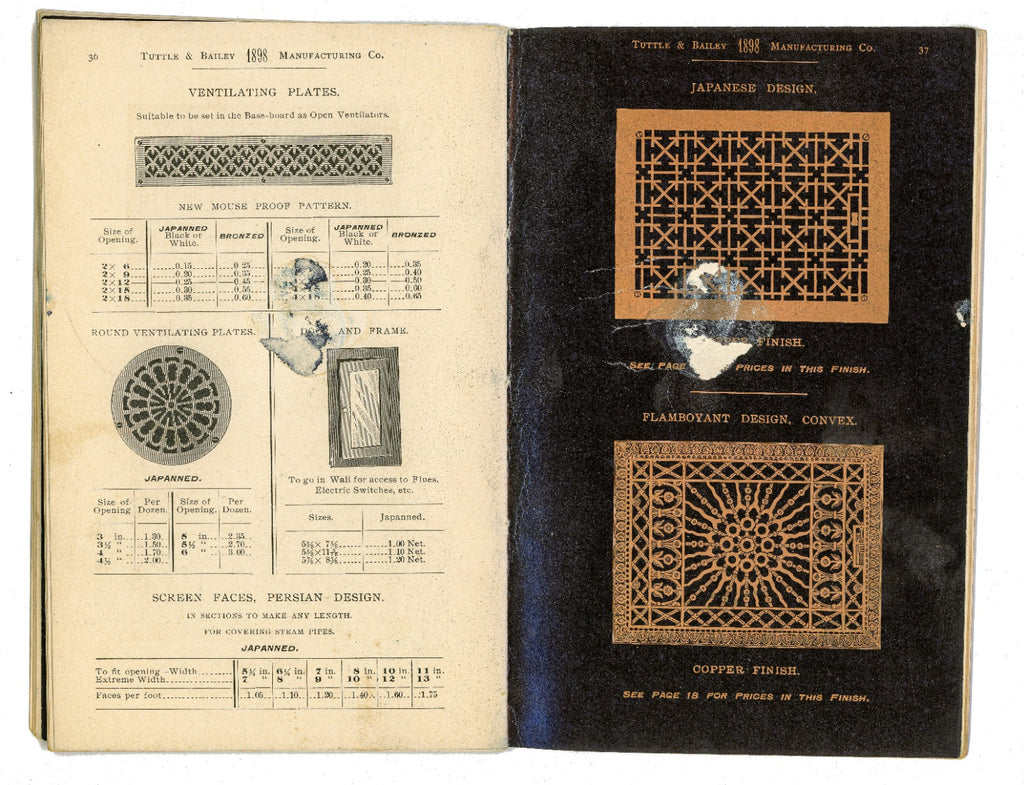 hard to find original and intact c. 1898 tuttle and bailey residential and commerical air register grille product catalog