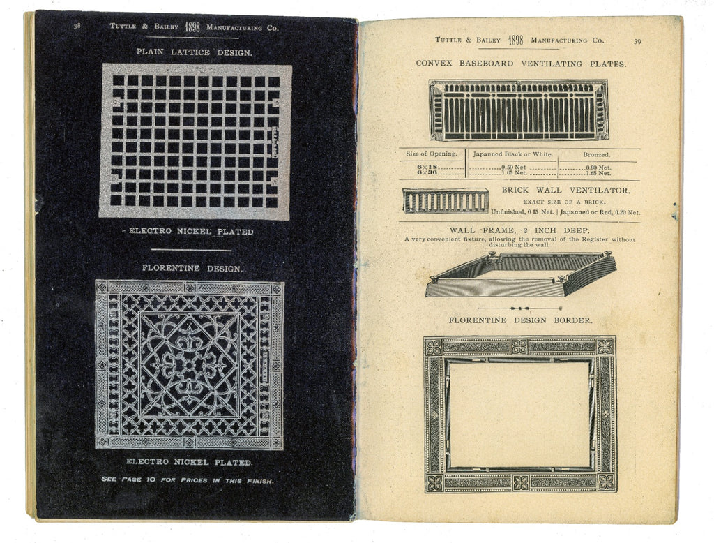 hard to find original and intact c. 1898 tuttle and bailey residential and commerical air register grille product catalog