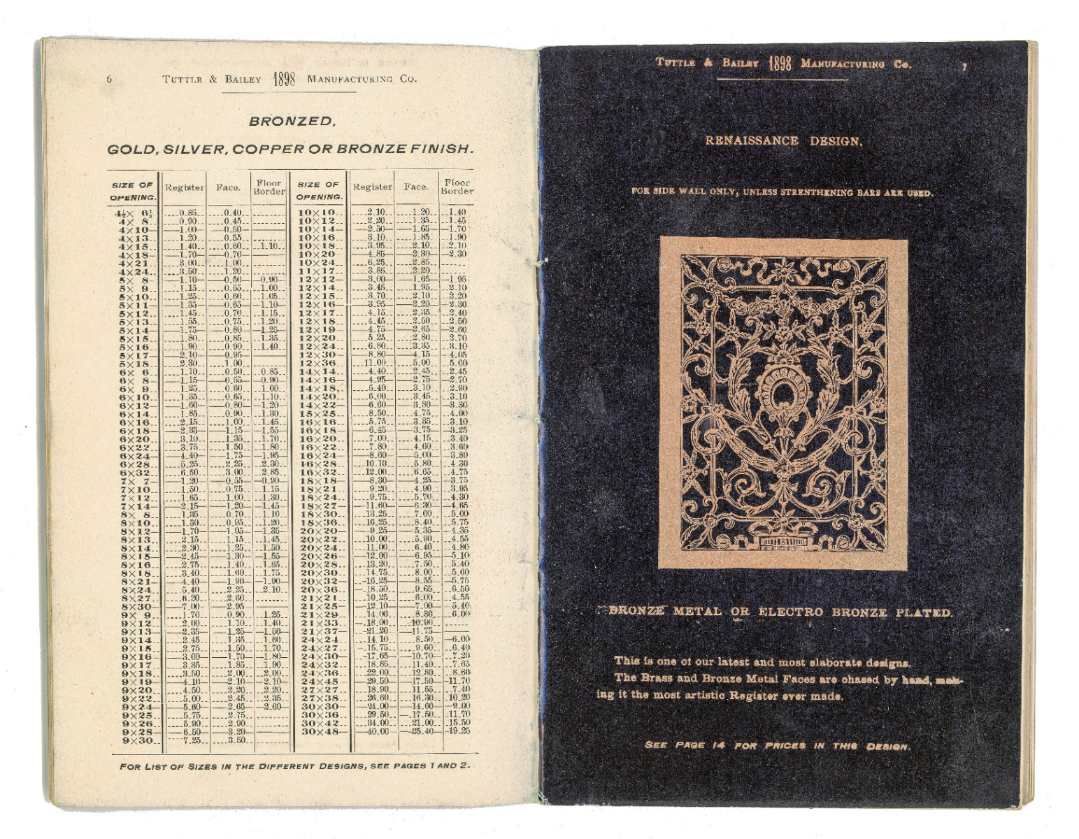 hard to find original and intact c. 1898 tuttle and bailey residential and commerical air register grille product catalog