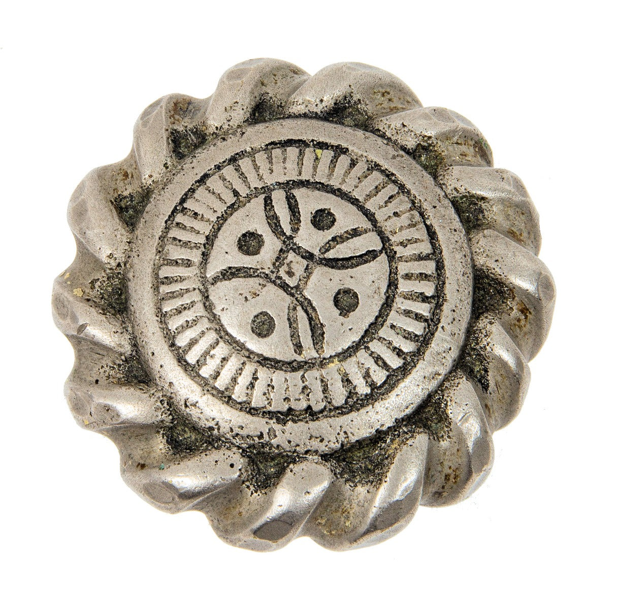 hard to find 1920s nickel-plated california bungalow spanish revival doorknob with black enameled inlay