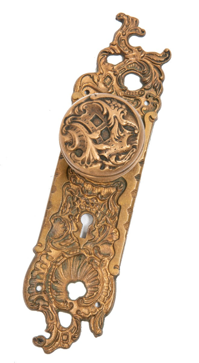 original late 19th or early 20th century antique american ornamental cast bronze "belforte" pattern door hardware