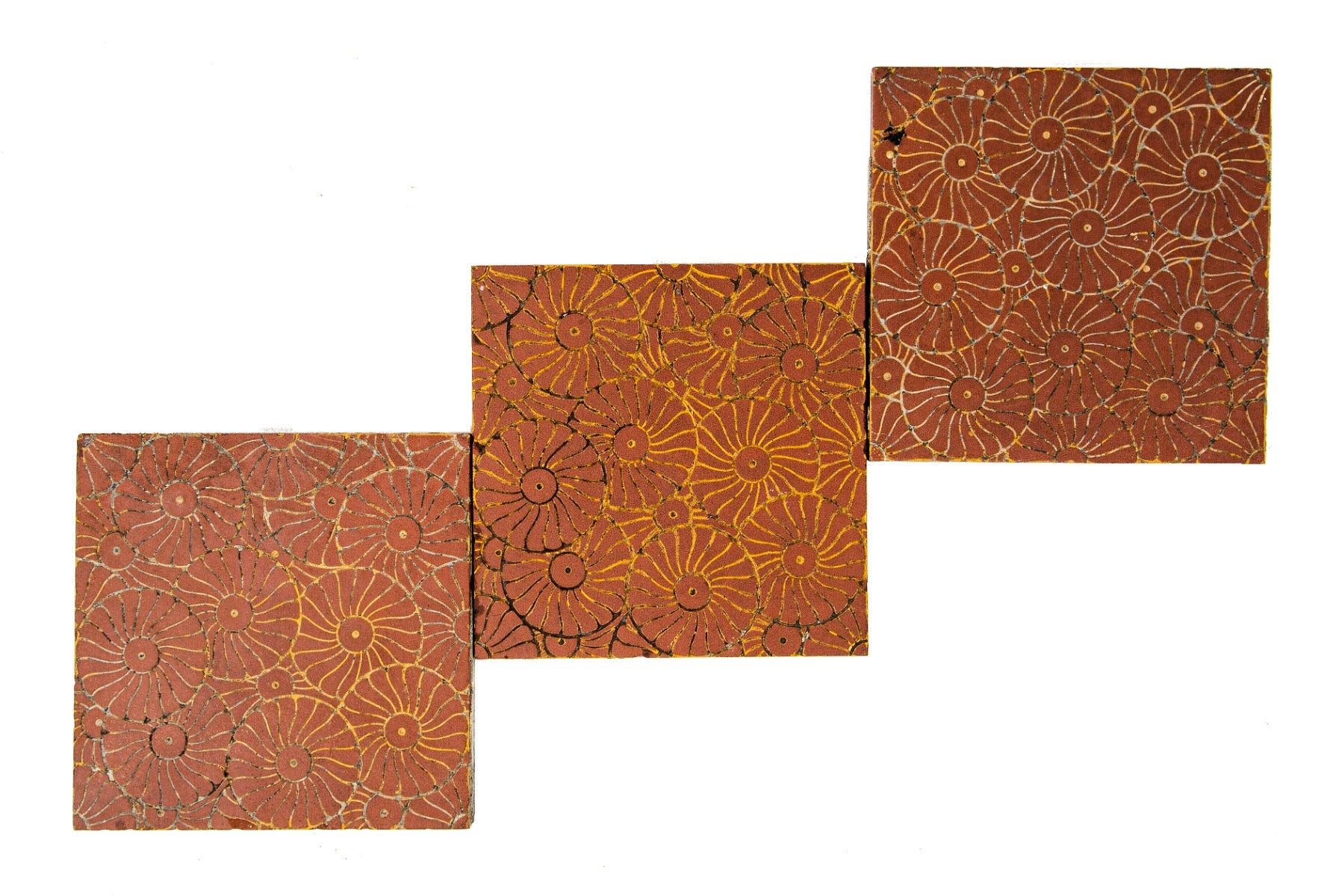 group of three matching original maw & company lightly incised fireplace tiles salvaged from adler and sullivan's auditorium building