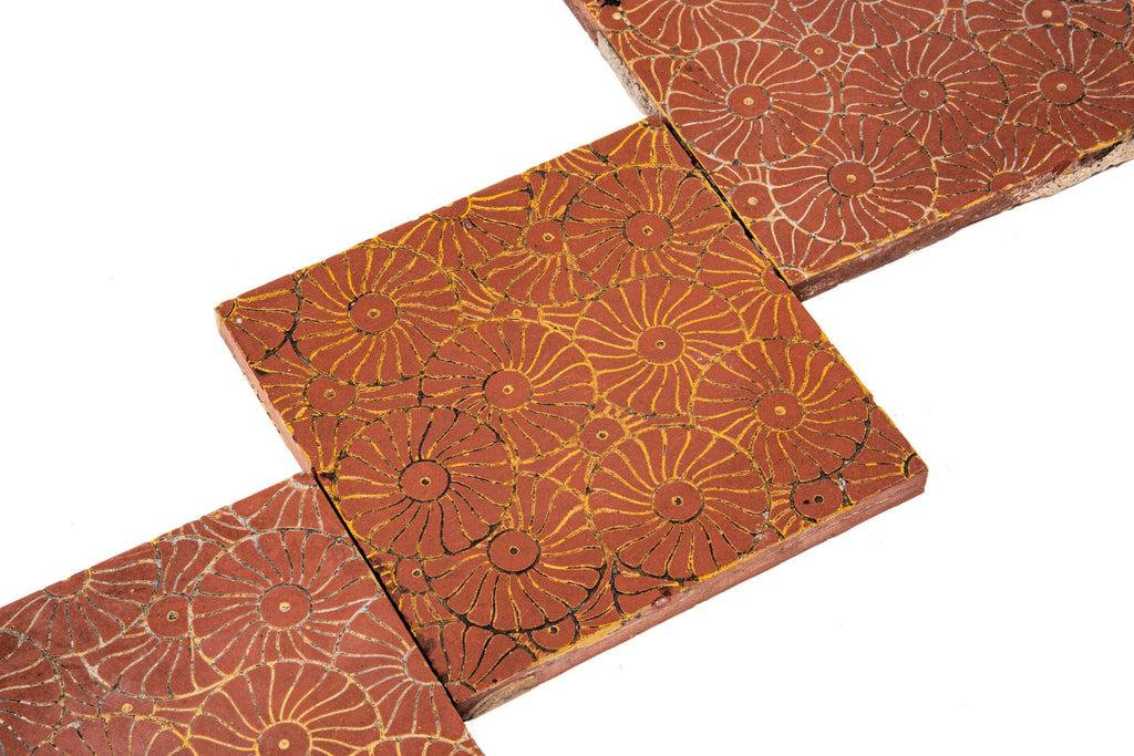 group of three matching original maw & company lightly incised fireplace tiles salvaged from adler and sullivan's auditorium building