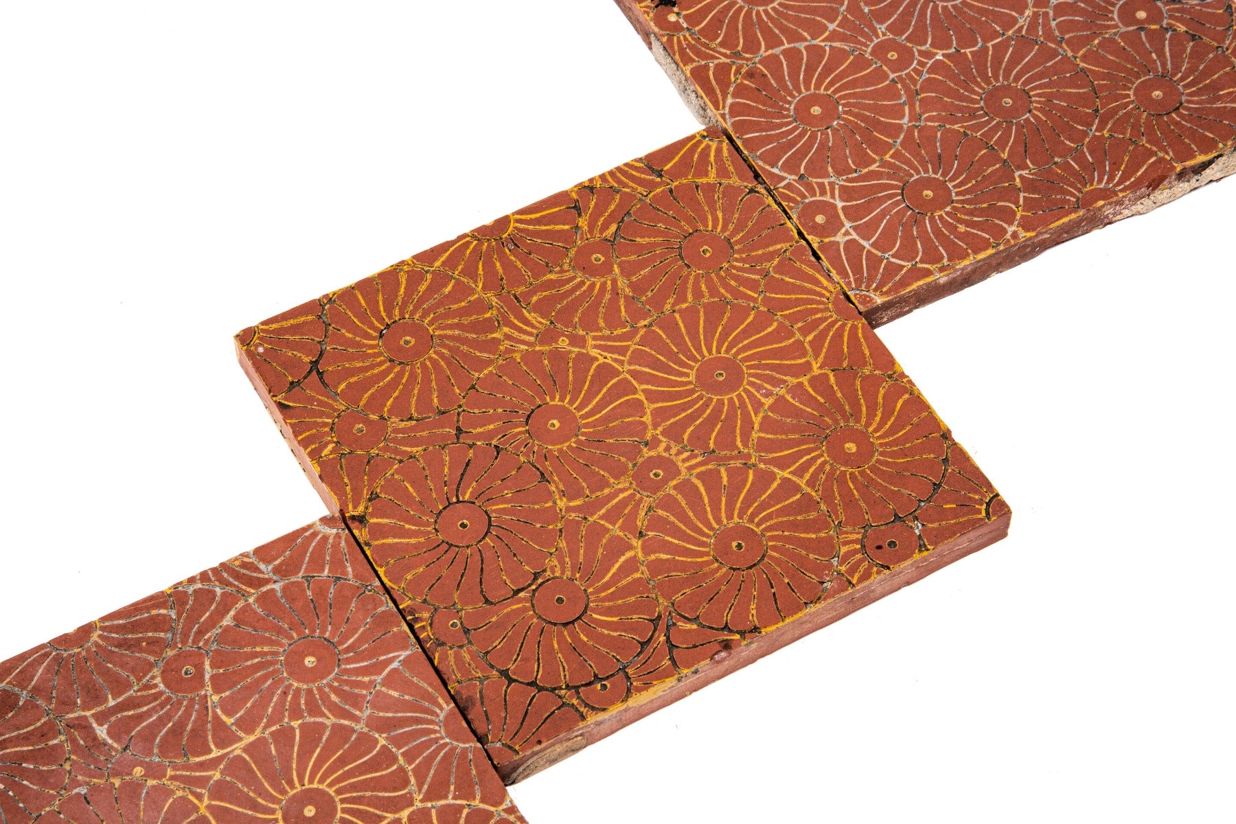 group of three matching original maw & company lightly incised fireplace tiles salvaged from adler and sullivan's auditorium building