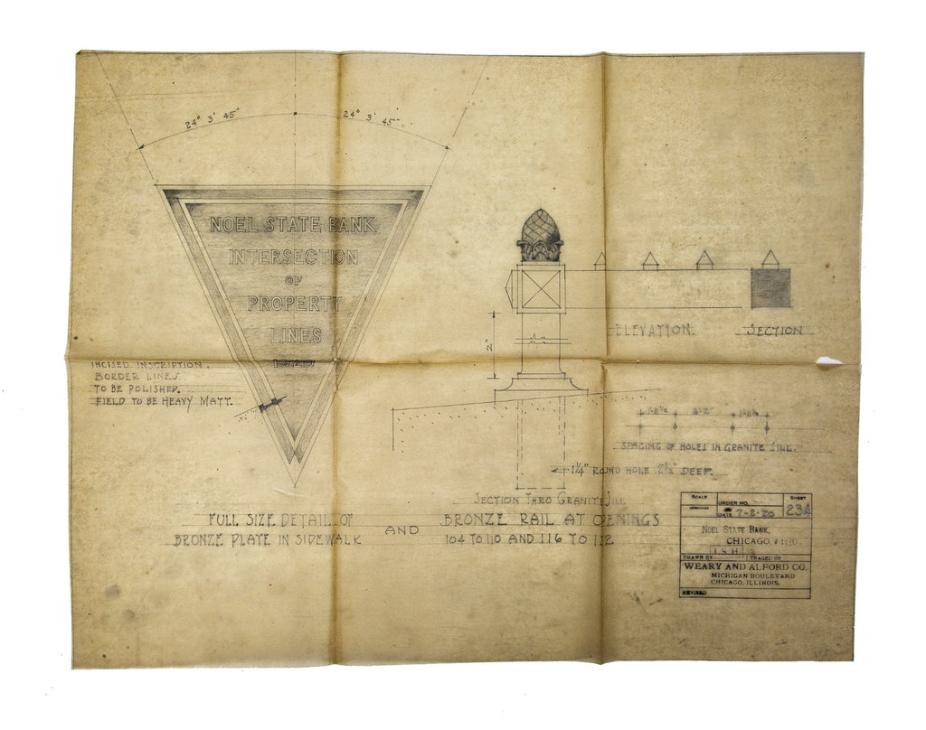 original alford and weary company pencil drawing for noel state bank (1920) bronze sidewalk marker or plaque