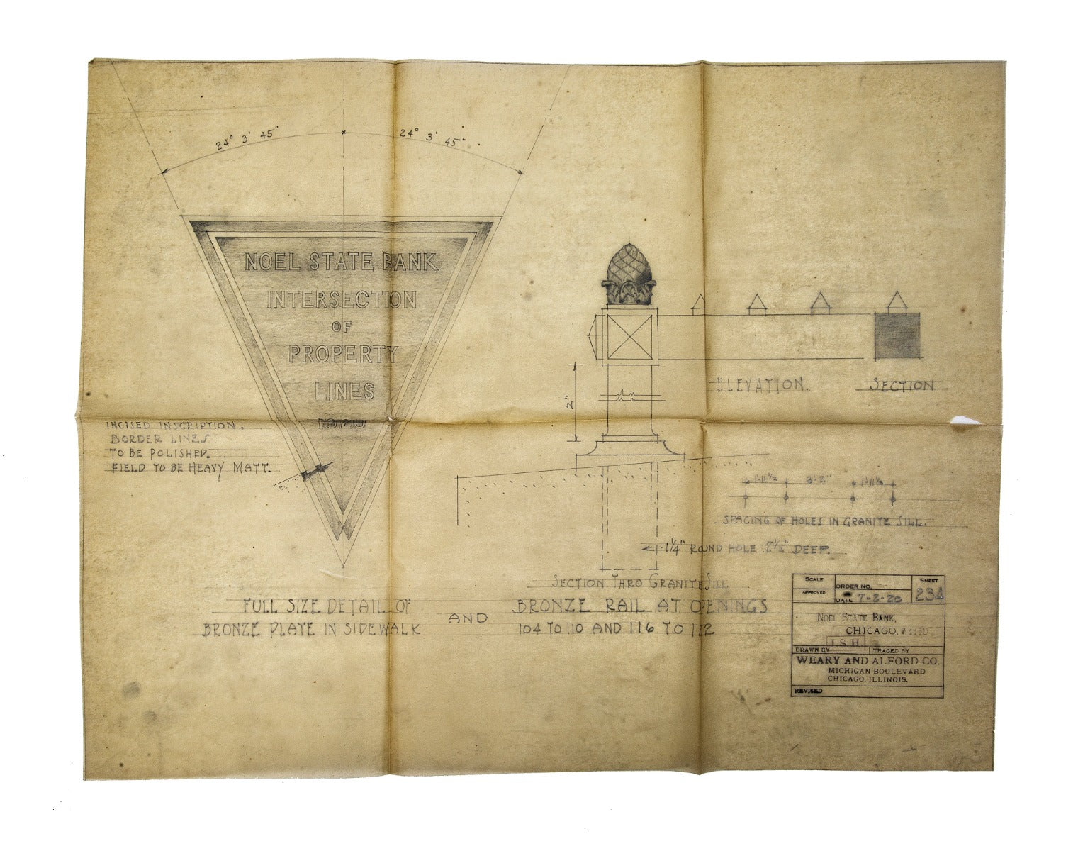 original alford and weary company pencil drawing for noel state bank (1920) bronze sidewalk marker or plaque