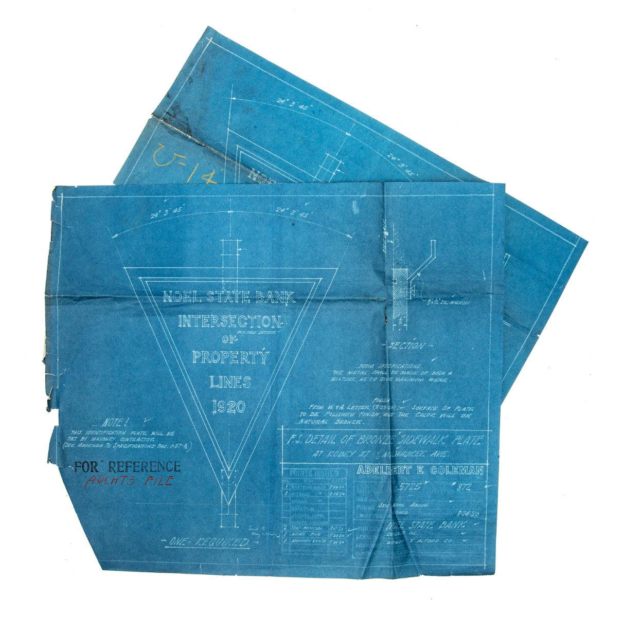 original alfred and weary company sidewalk marker blueprint made for the 1920 noel state bank