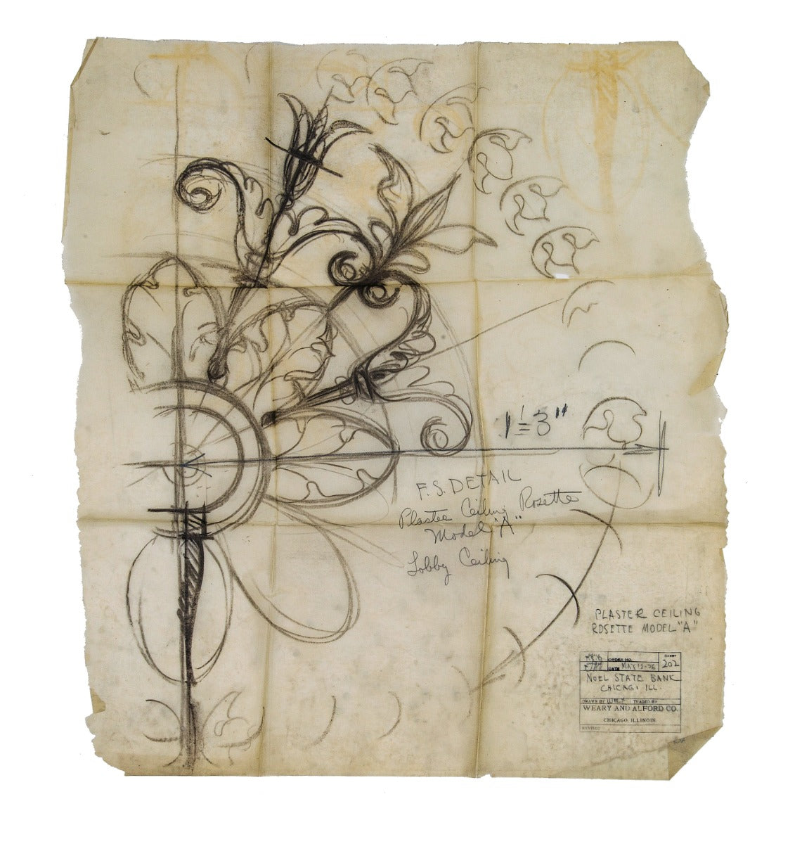 original musuem-quality 1920 weary and alford drawing for an interior noel state bank plaster medallion