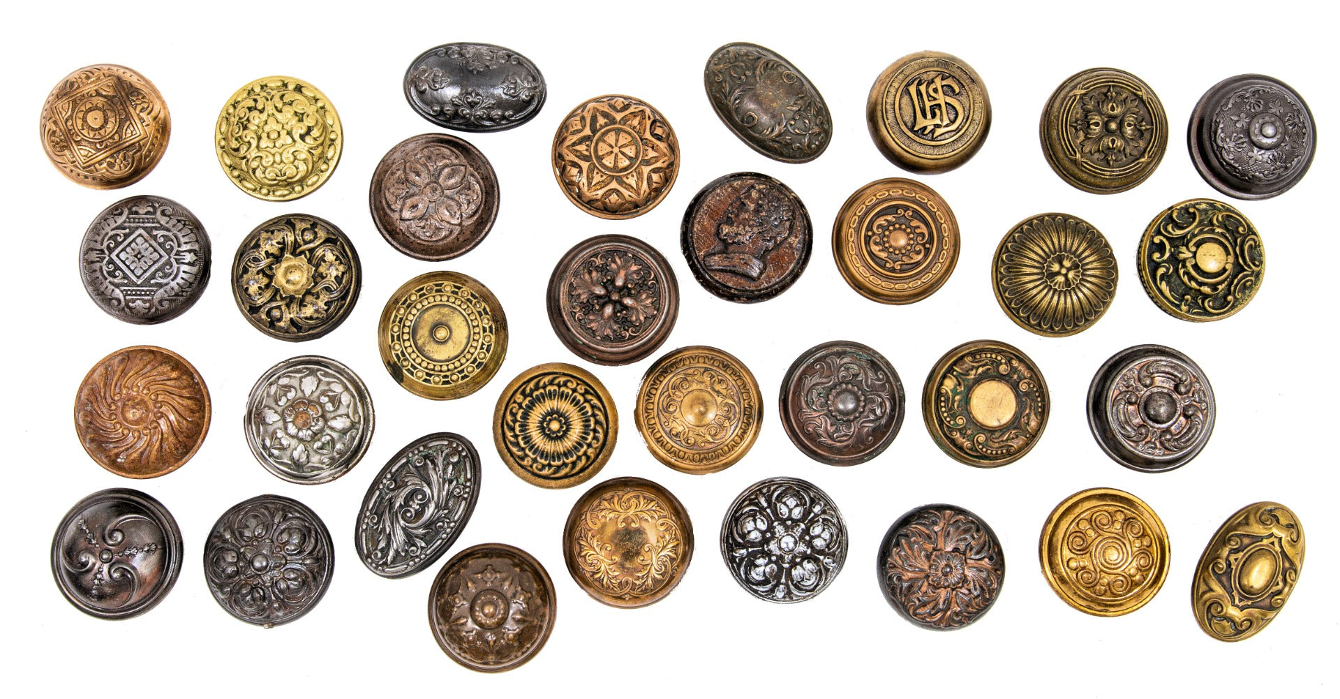 large collection of original late 19th and early 20th century antique american ornamental doorknobs