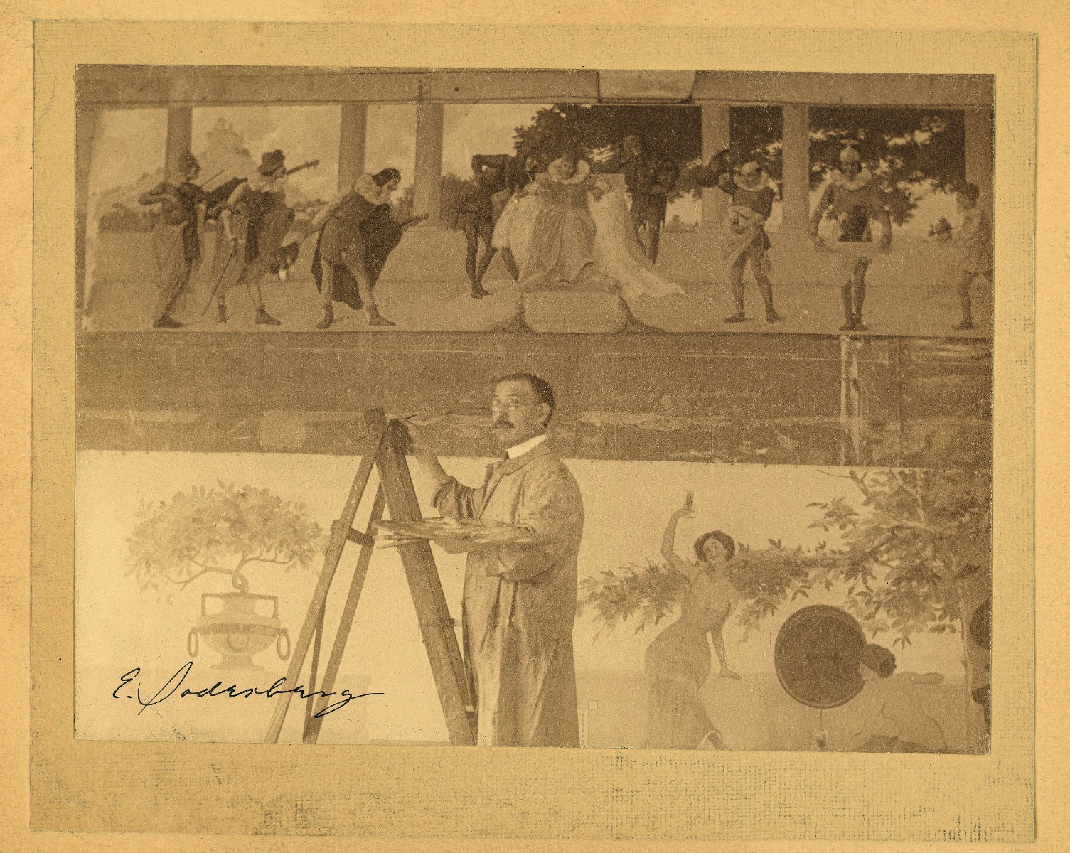 original c. 1910-15 axel edward soderberg polychromatic watercolor architectural rendering for a courthouse mural for oyen studios