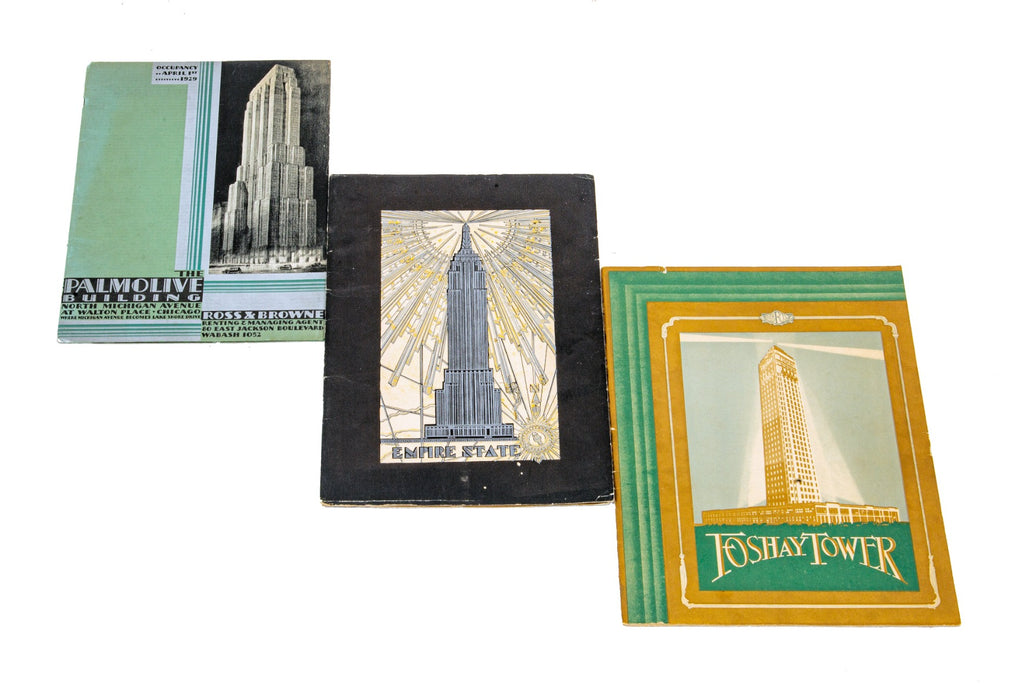 three historically important american ceremonial/rental booklets for the palmolive, foshay, and empire state buildings