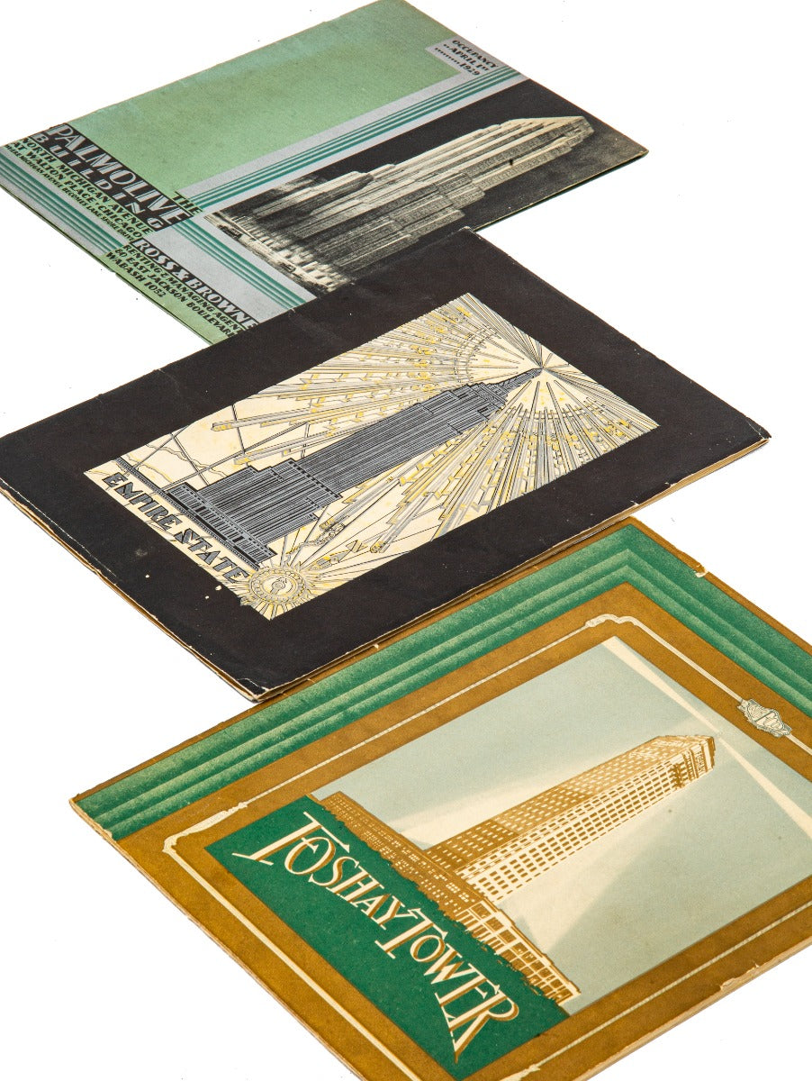 three historically important american ceremonial/rental booklets for the palmolive, foshay, and empire state buildings