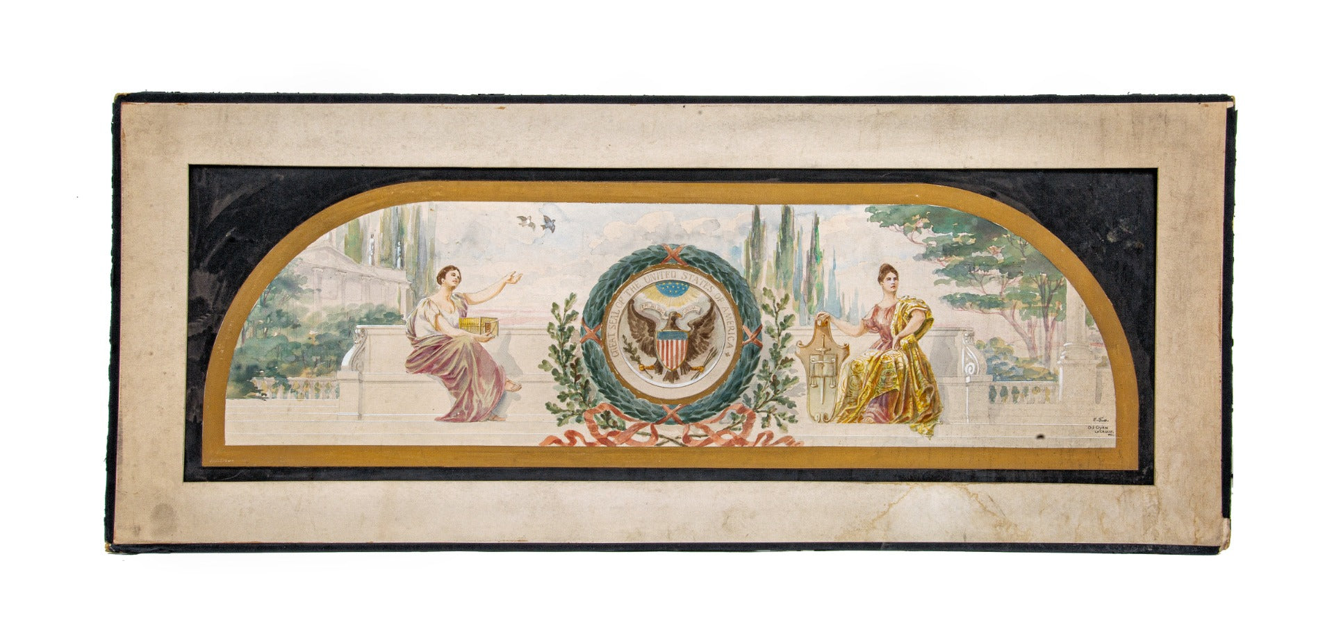 original c. 1910-15 axel edward soderberg polychromatic watercolor architectural rendering for a courthouse mural for oyen studios