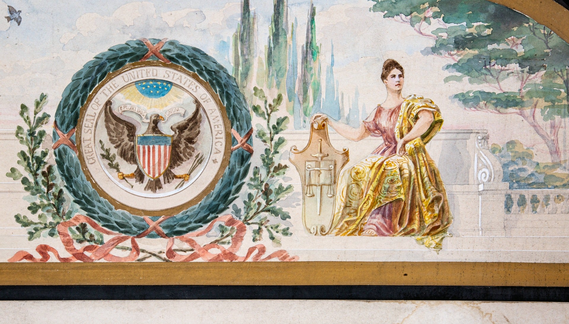 original c. 1910-15 axel edward soderberg polychromatic watercolor architectural rendering for a courthouse mural for oyen studios