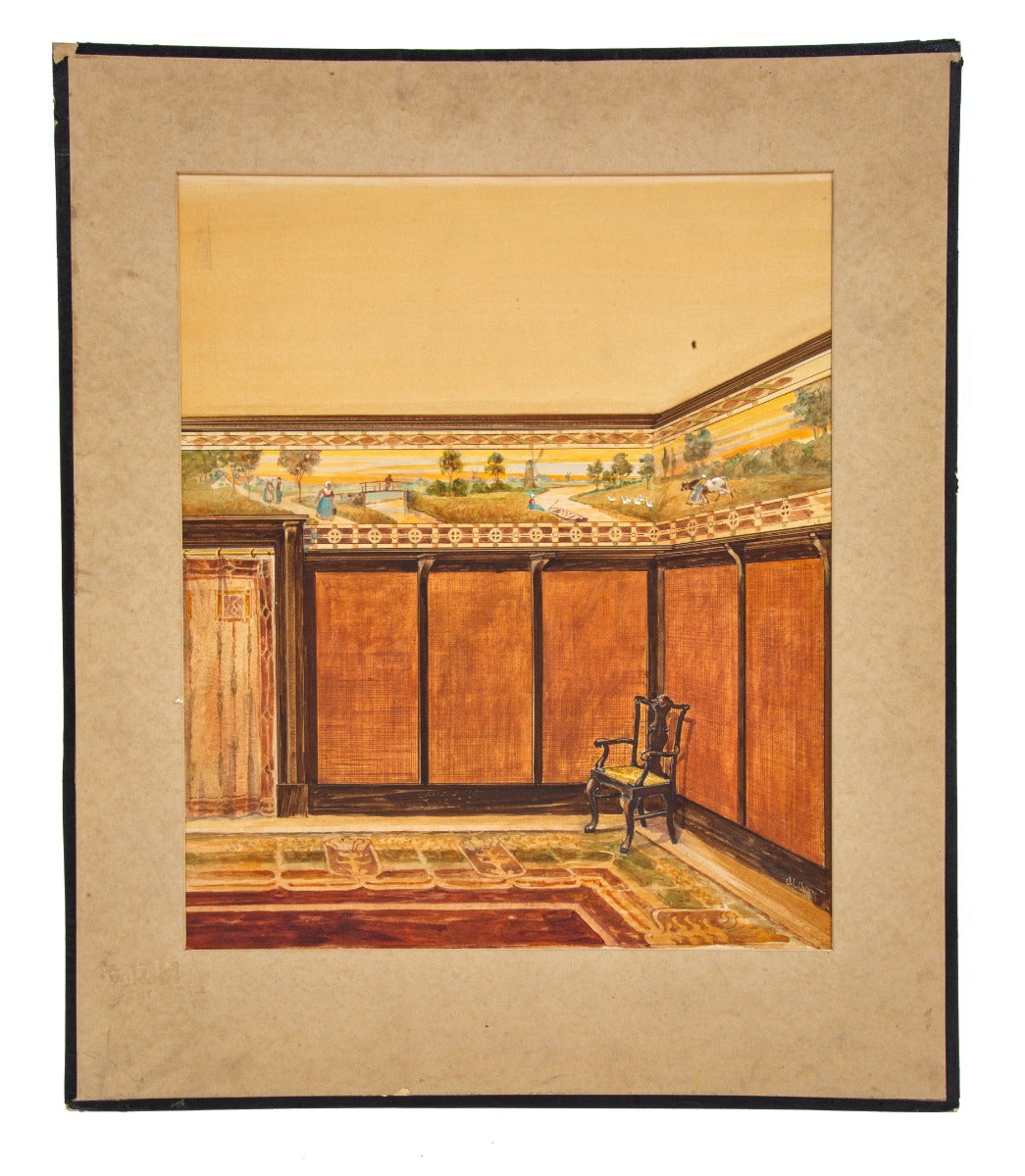 richly colored early 20th century odin j. oyen-designed watercolor study for interior residential room with pastoral murals